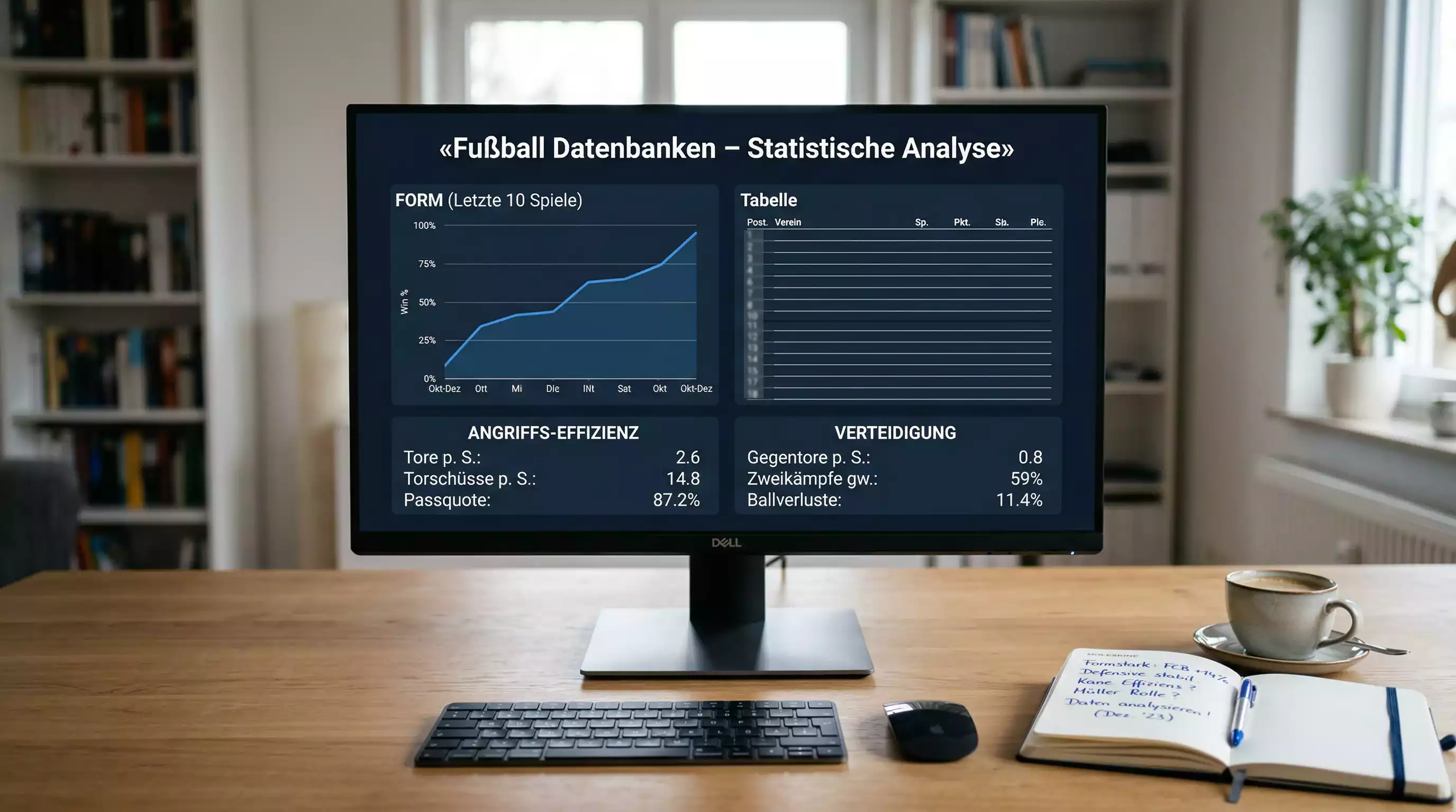 Fußball Datenbanken – Monitor mit Statistik-Dashboard