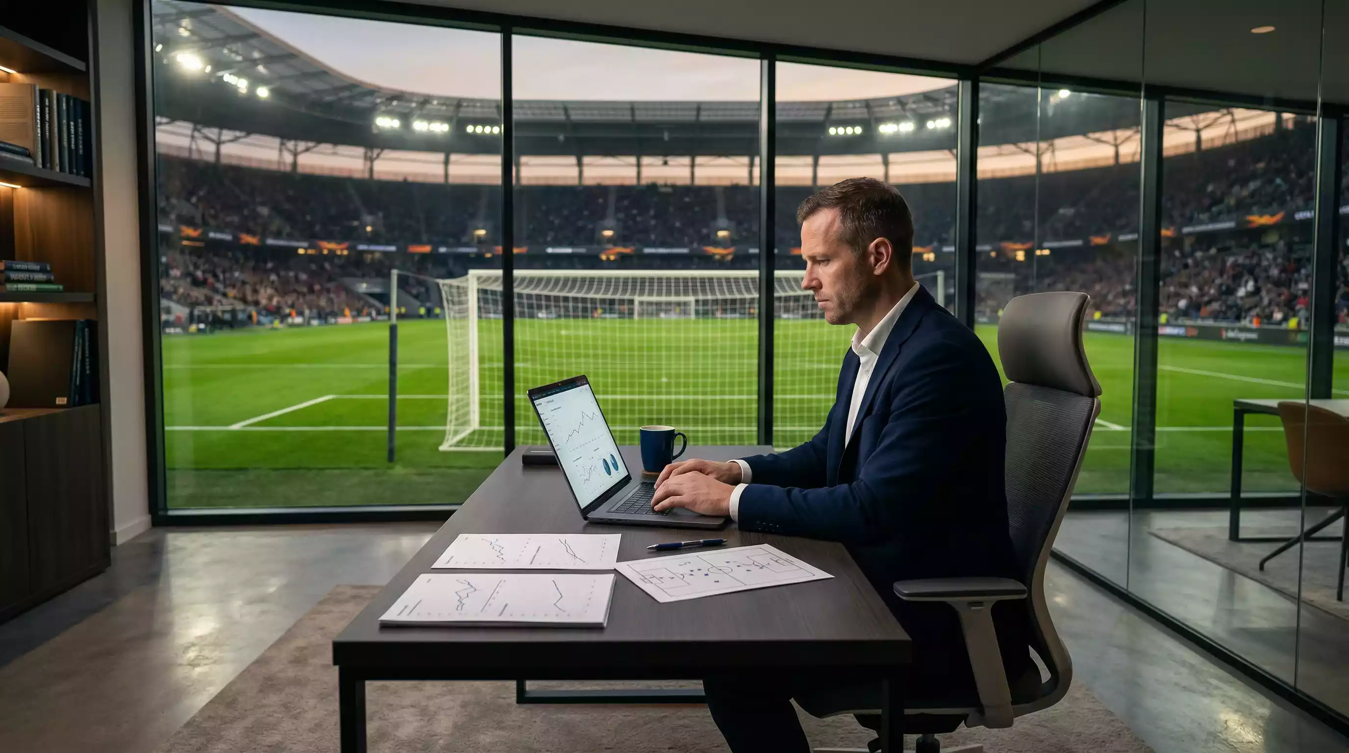 Fußball-Prognosen Datenanalyse mit Laptop und Spielfeld