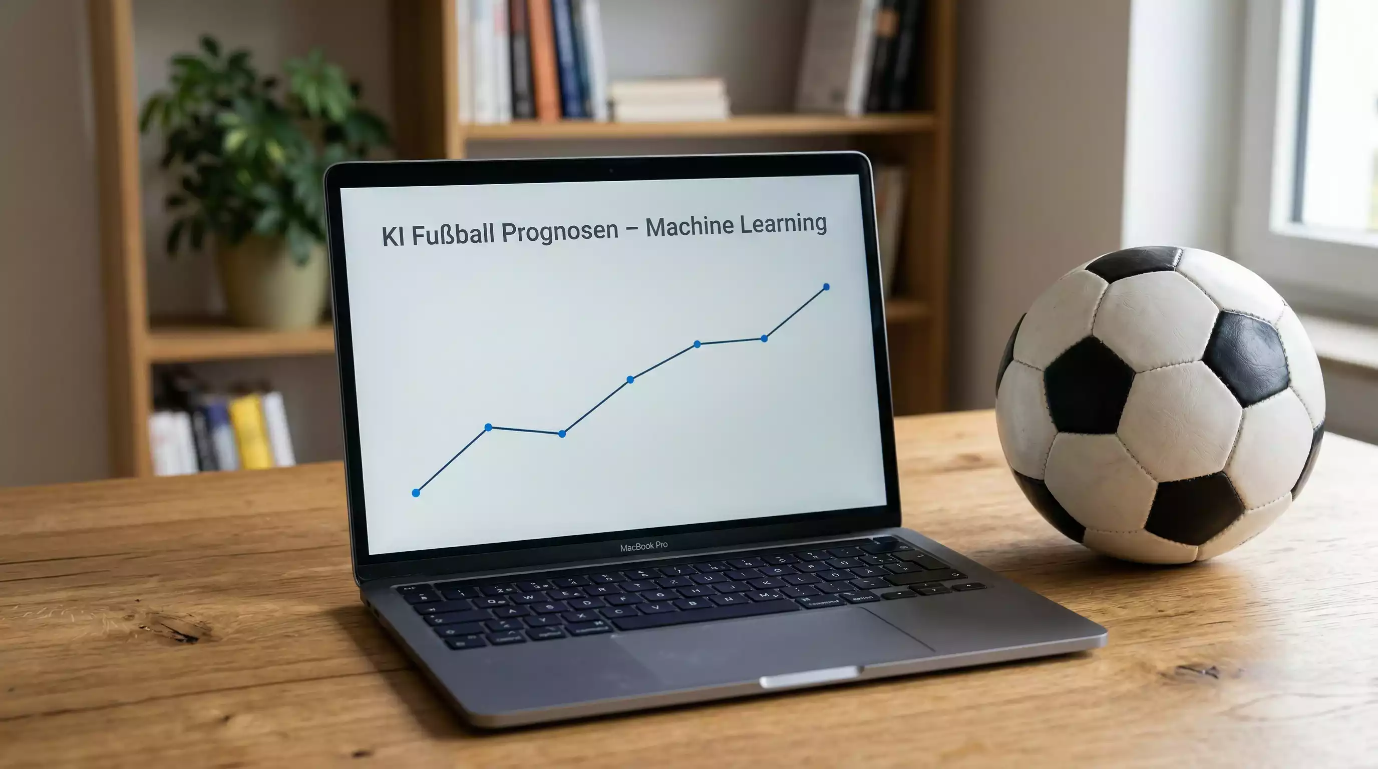 KI Fußball Prognosen: Laptop mit Datenvisualisierung neben einem Fußball auf dem Schreibtisch