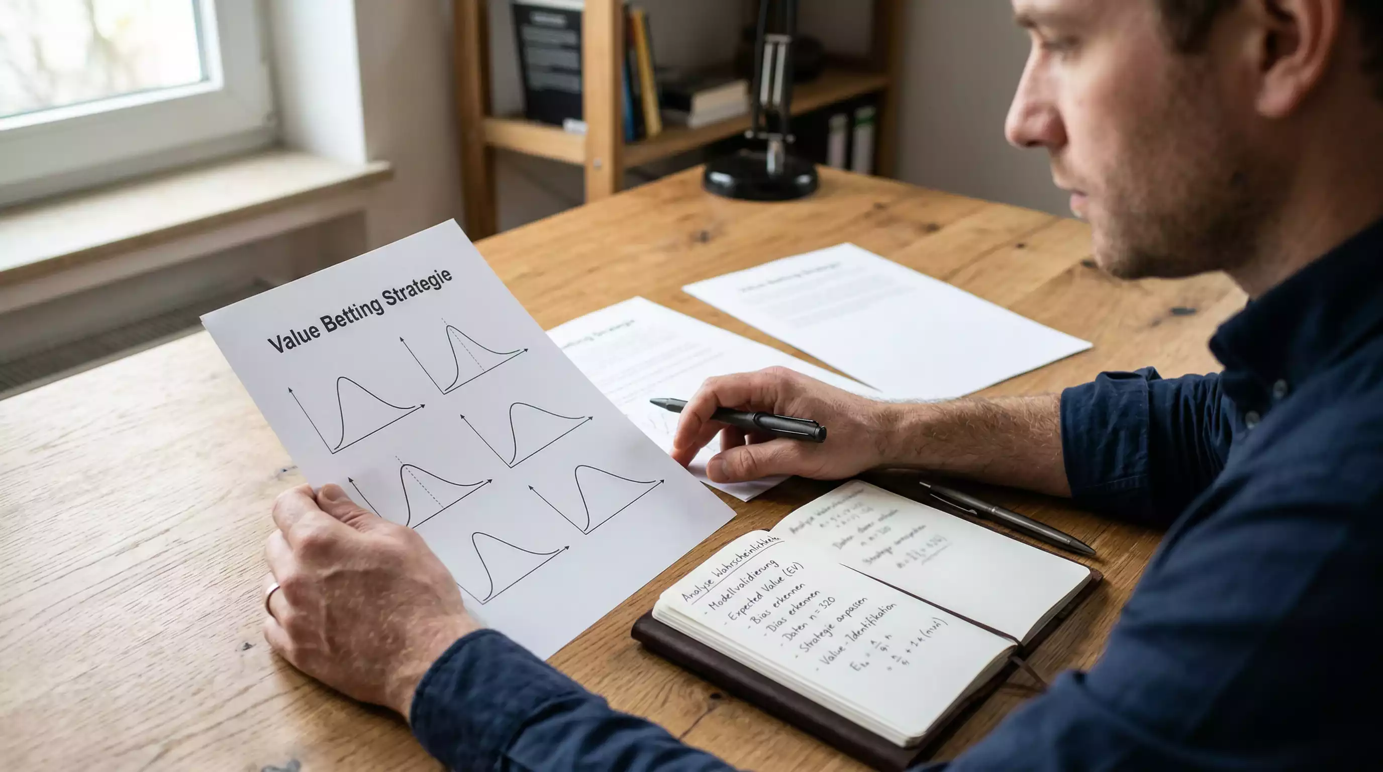 Value Betting Fußball: Analytiker studiert Wahrscheinlichkeitsgrafiken auf Dokumenten