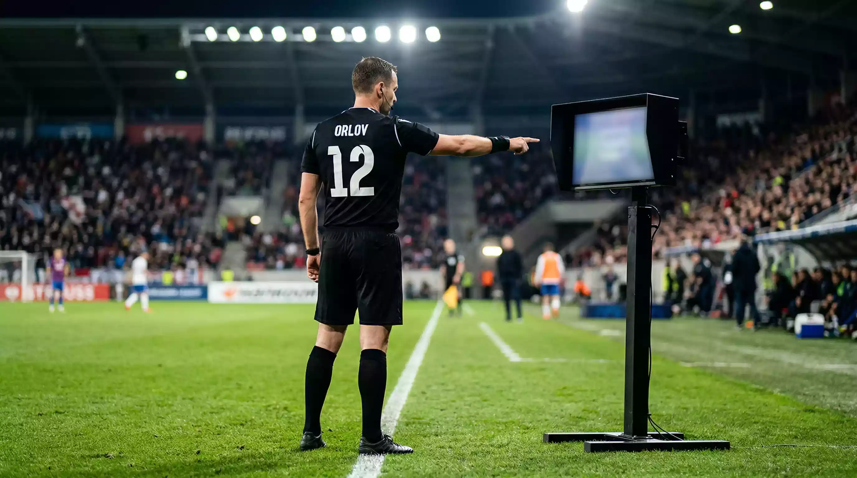 VAR Fußball: Schiedsrichter zeigt auf den Monitor am Spielfeldrand während einer Überprüfung